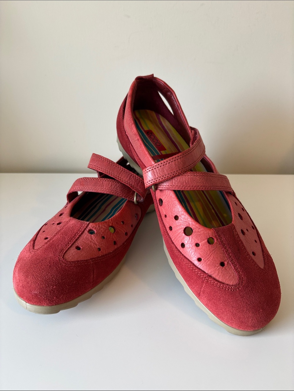 ECCO Red Coral Mary Jane Comfort Shoes Velcro Strap EU 40 EUC